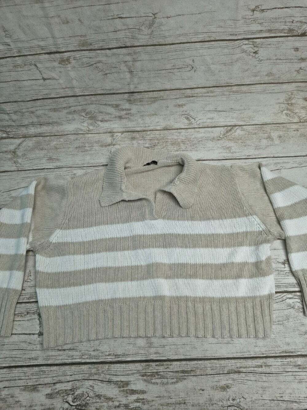 Quince Beige Cream Striped Knit Sweater 100% Cotton Cropped Size XL